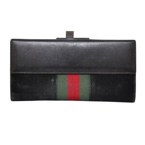 GUCCI Black Suede Leather Wallet Web Green Red Continental Long Flap Snap